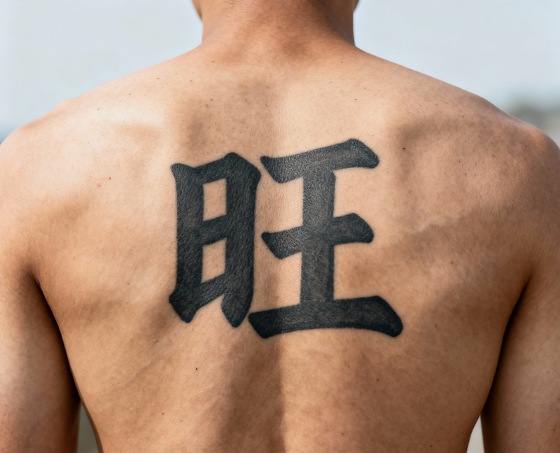 jimeng-2025-10-04-9476-写实摄影风格，一个年轻男性的背部特写，背部中央位置有一个醒目的刺青“旺”字纹身，....png