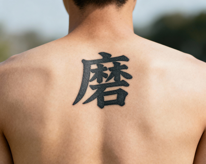 jimeng-2025-10-05-4695-写实摄影风格，一个年轻男性的背部特写，背部中央位置有一个醒目的刺青“磨”字纹身，....png