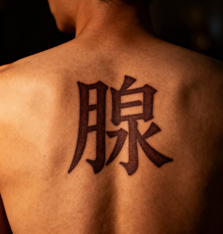 jimeng-2025-10-05-8136-写实摄影风格，一个亚洲男性的背部特写，背部中央位置有一个醒目的刺青“腺”字纹身，....png