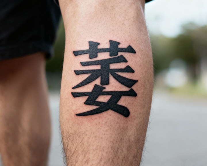 jimeng-2025-10-05-5956-写实摄影风格，一个年轻男性的腿部，腿部中央位置有一个醒目的刺青“萎”字纹身，字体....png