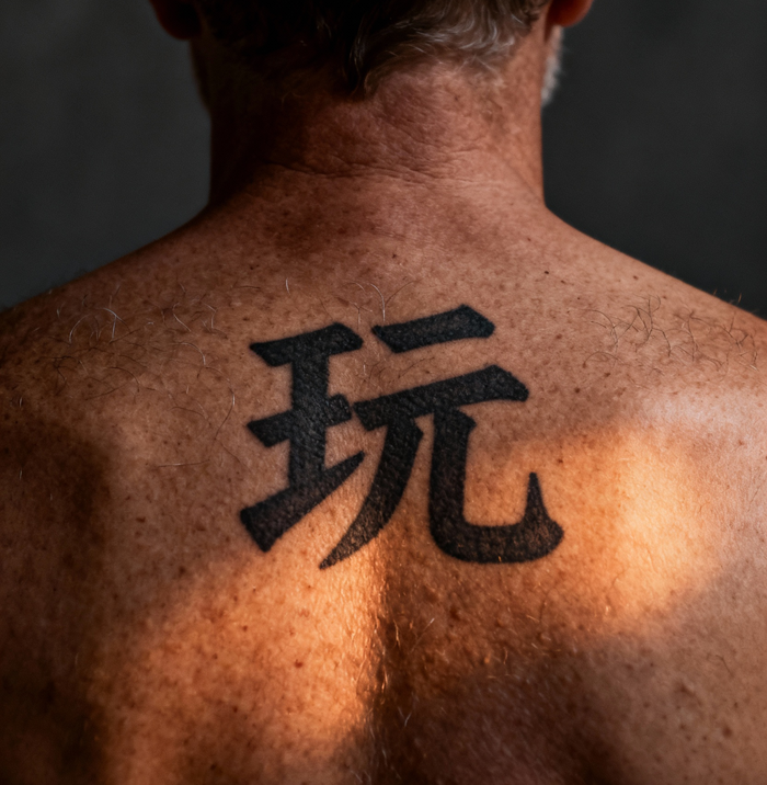 jimeng-2025-10-05-5983-写实摄影风格，一个欧美中年男性的背部特写，背部中央位置有一个醒目的刺青“玩”字纹....png