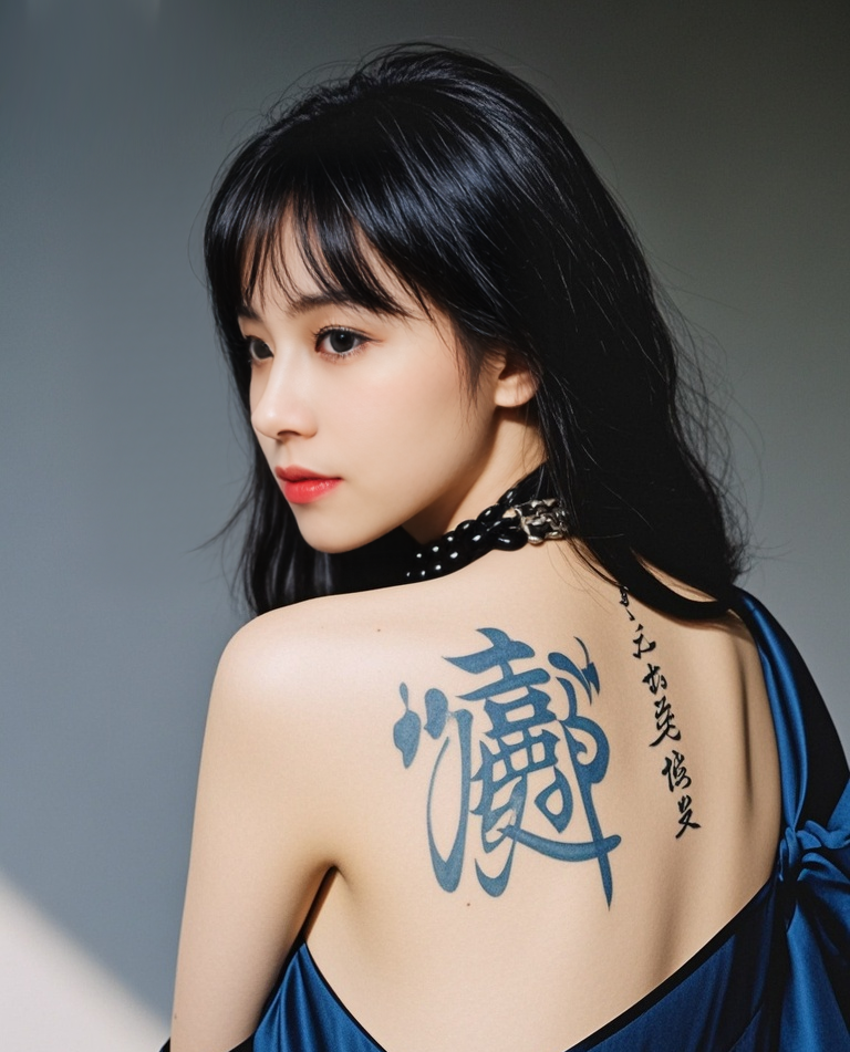 jimeng-2025-10-06-1955-这是一张特写照片，展示了一位女性的背部和肩膀。她的背部有一幅蓝色的花朵纹身，花朵....png
