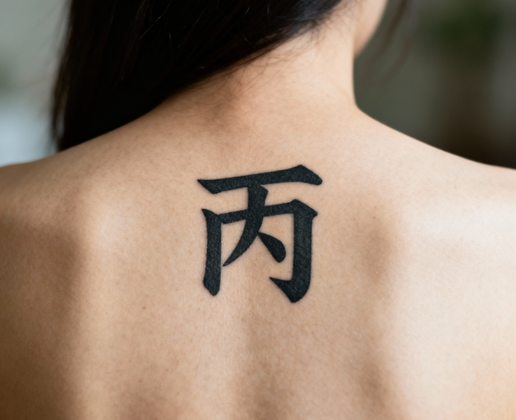 jimeng-2025-10-06-7334-写实摄影风格，一个年轻女性的背部特写，背部中央位置有一个醒目的刺青“丙”字纹身，....png