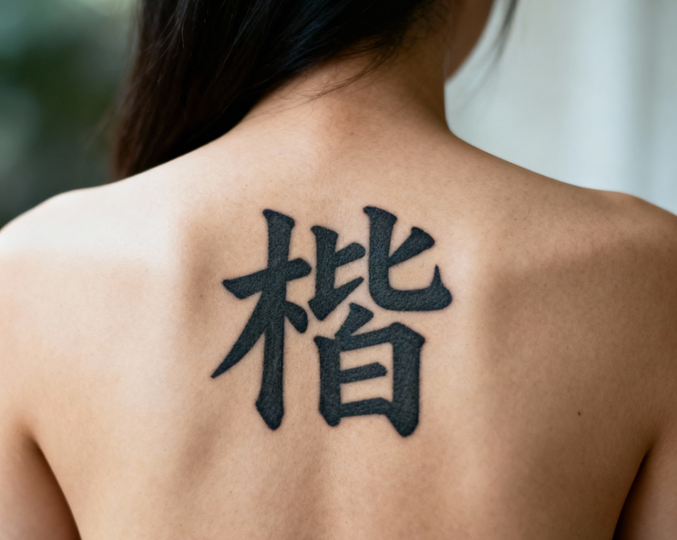 jimeng-2025-10-06-3665-电影摄影风格，一个女性的背部特写，背部中央位置有一个醒目的刺青“楷”字纹身，字体....png