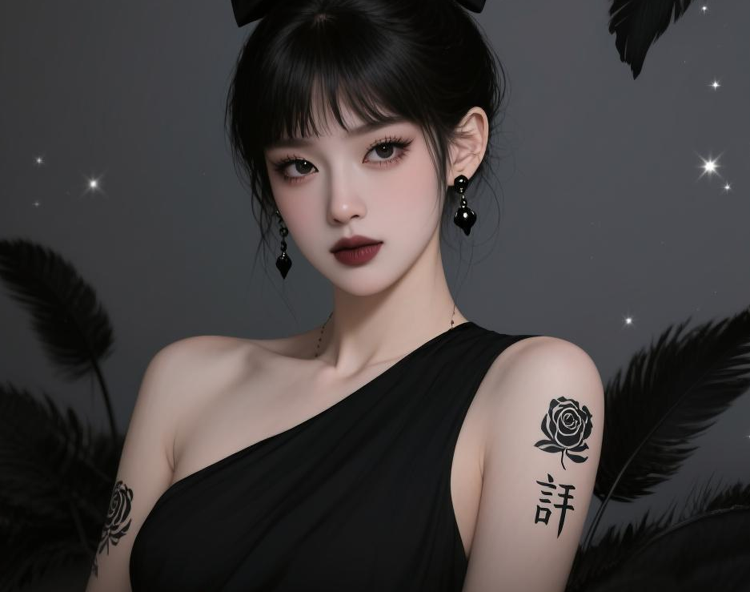jimeng-2025-10-06-9459-一位身着黑色单肩礼服的女性，头发高高盘起并用黑色蝴蝶结装饰，留有细碎刘海，佩戴黑....png