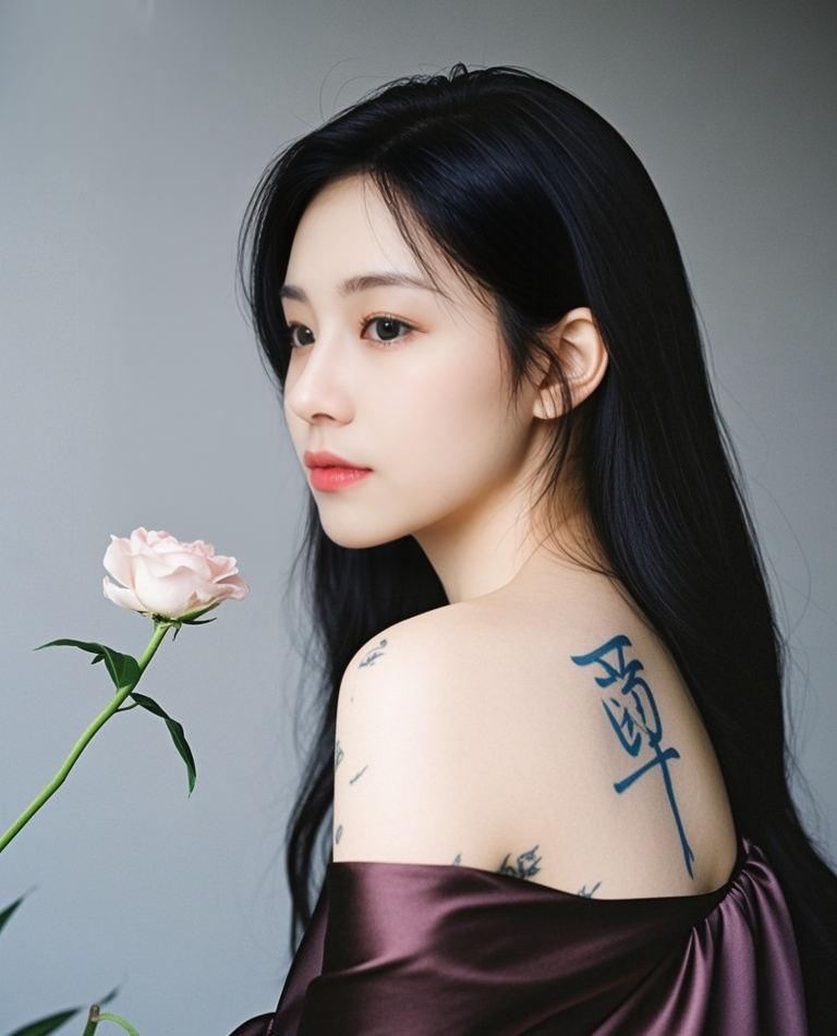 jimeng-2025-10-06-6990-这是一张特写照片,展示了一位女性的背部和肩膀。她的背部有一幅蓝色的花朵纹身,花朵....png