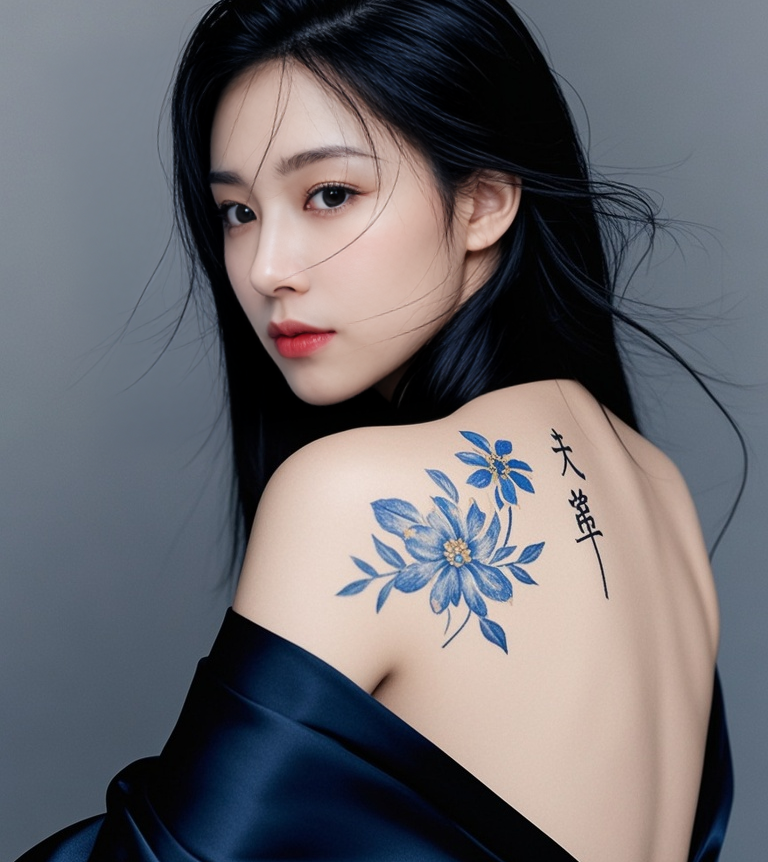 jimeng-2025-10-06-7364-这是一张特写照片，展示了一位女性的背部和肩膀。她的背部有一幅蓝色的花朵纹身，花朵....png