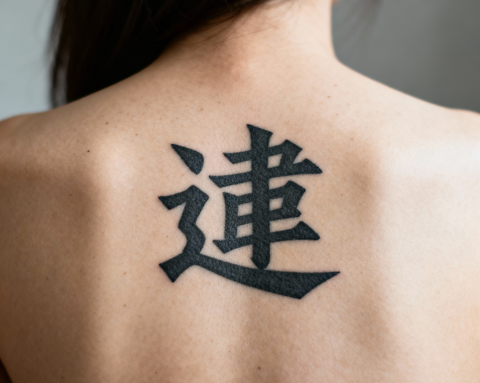 jimeng-2025-10-06-4057-写实摄影风格，一个年轻女性的背部特写，背部中央位置有一个醒目的刺青“逓”字纹身，....png