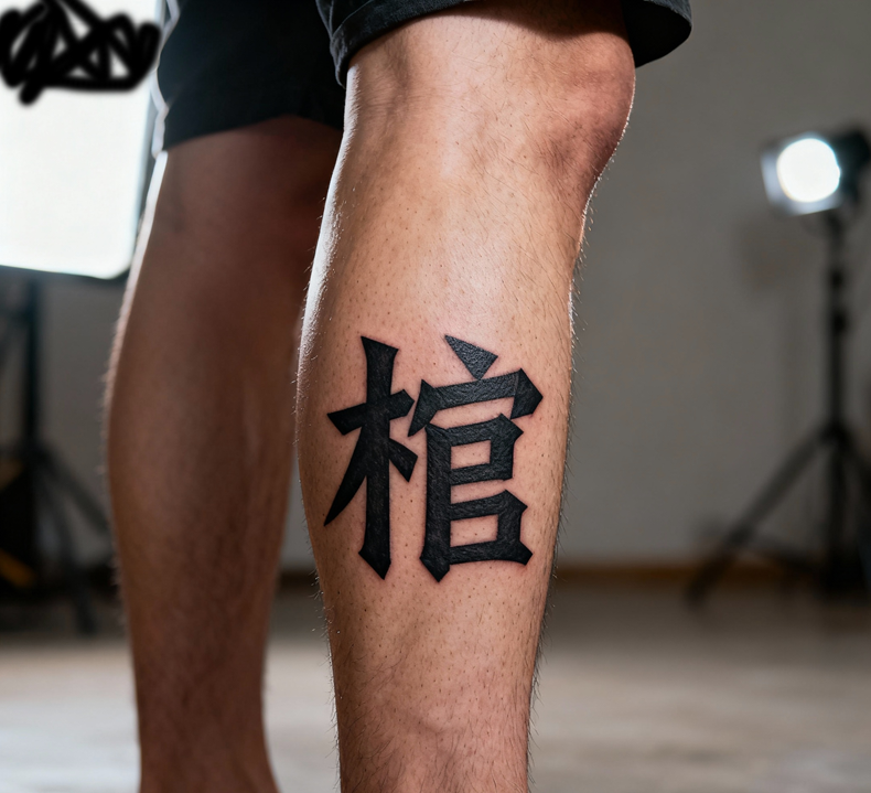 jimeng-2025-10-06-1149-写实摄影风格，一个年轻男性的腿部，腿部中央位置有一个醒目的刺青“棺”字纹身，字体....png
