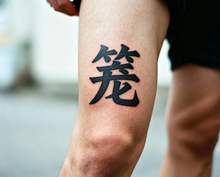jimeng-2025-10-06-7347-写实摄影风格，一个年轻男性的大腿上，腿部中央位置有一个醒目的刺青“籠”字纹身，字....png