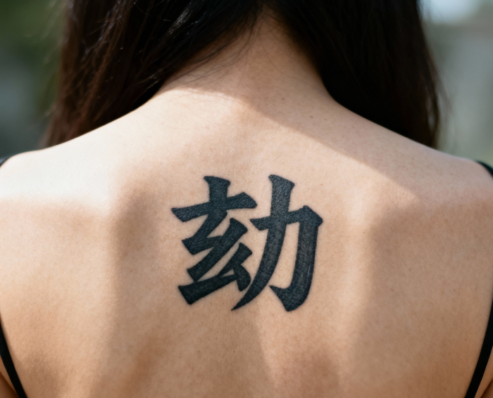 jimeng-2025-10-06-5994-电影摄影风格，一个女性的背部特写，背部中央位置有一个醒目的刺青“劾”字纹身，字体....png