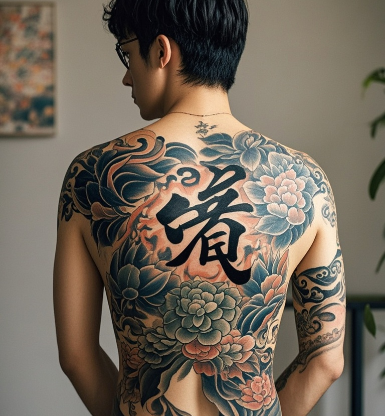 jimeng-2025-10-06-7977-一个那人背部纹身，日式纹身“虞”汉字.png