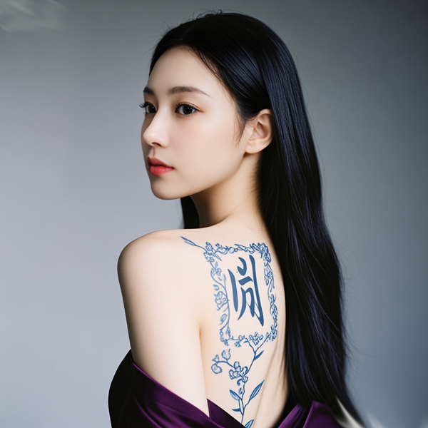 jimeng-2025-10-06-6689-这是一张特写照片，展示了一位女性的背部和肩膀。她的背部有一幅蓝色的花朵纹身，花朵....png
